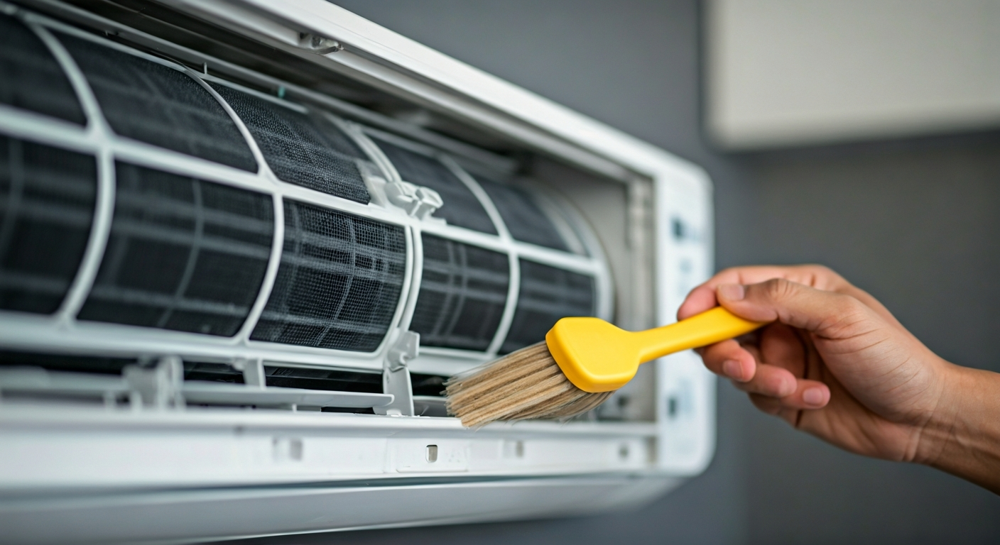 Close-up professional photo of a technician carefully cleaning the filter of a split system air cond