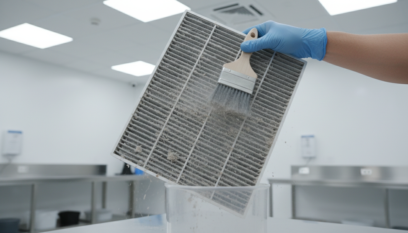 Close-up photo of a hand carefully cleaning an air conditioner filter, showing dust and debris on th