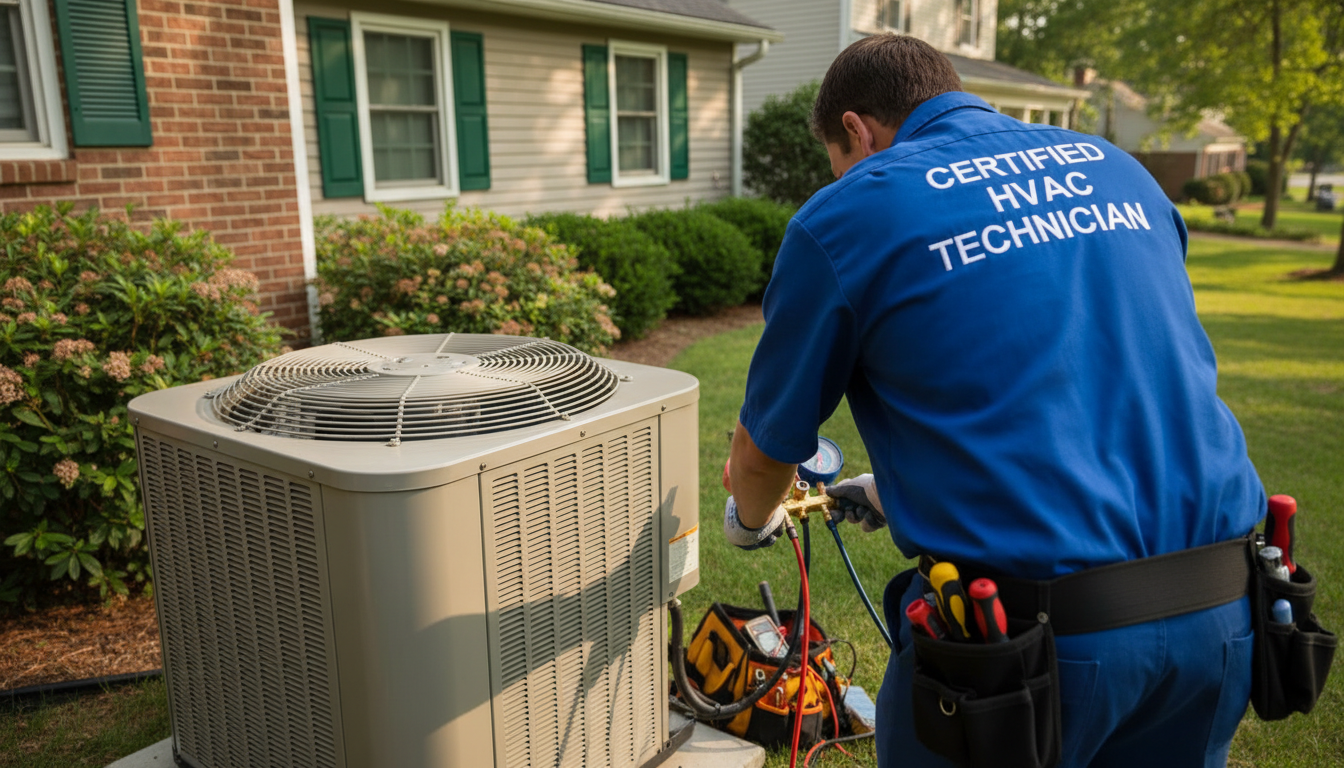 Professional photo of a certified HVAC technician wearing a uniform, checking the outdoor unit of an