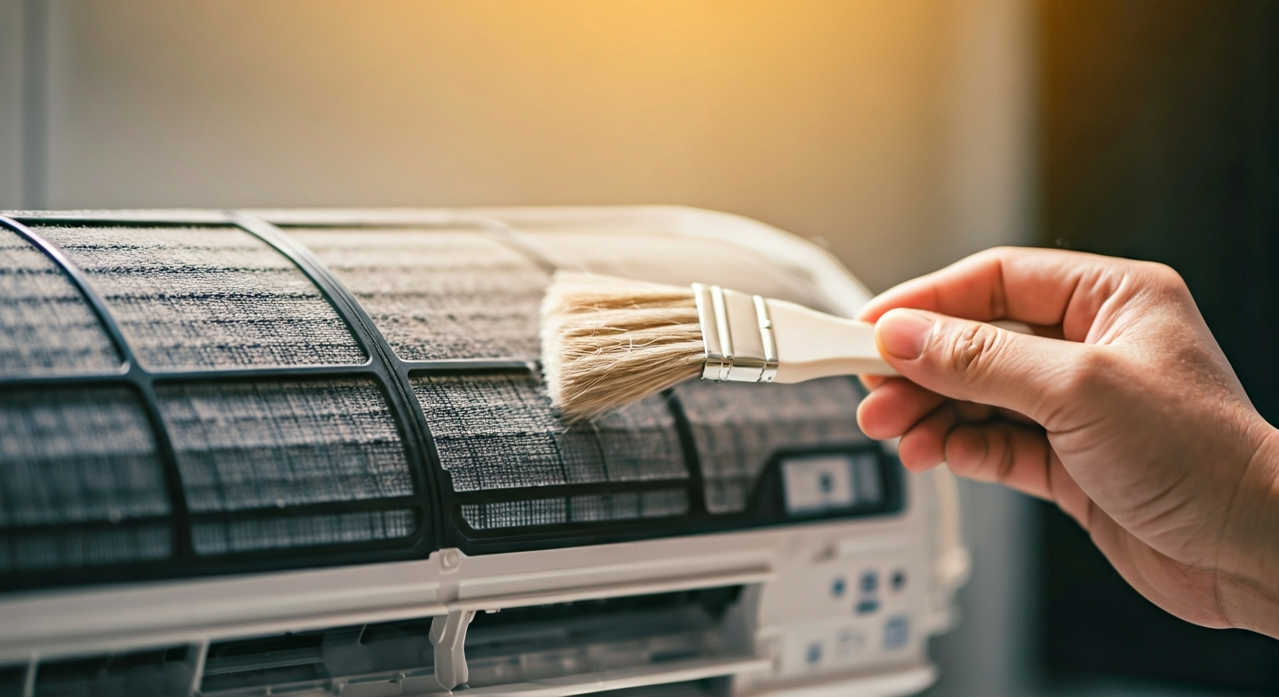 Close-up professional photo of a hand carefully cleaning an air conditioner filter with a soft brush