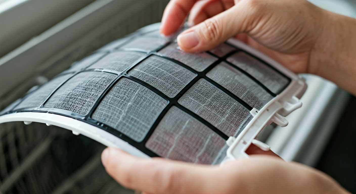 Close-up, professional photo of hands carefully cleaning an air conditioner filter with water and mi