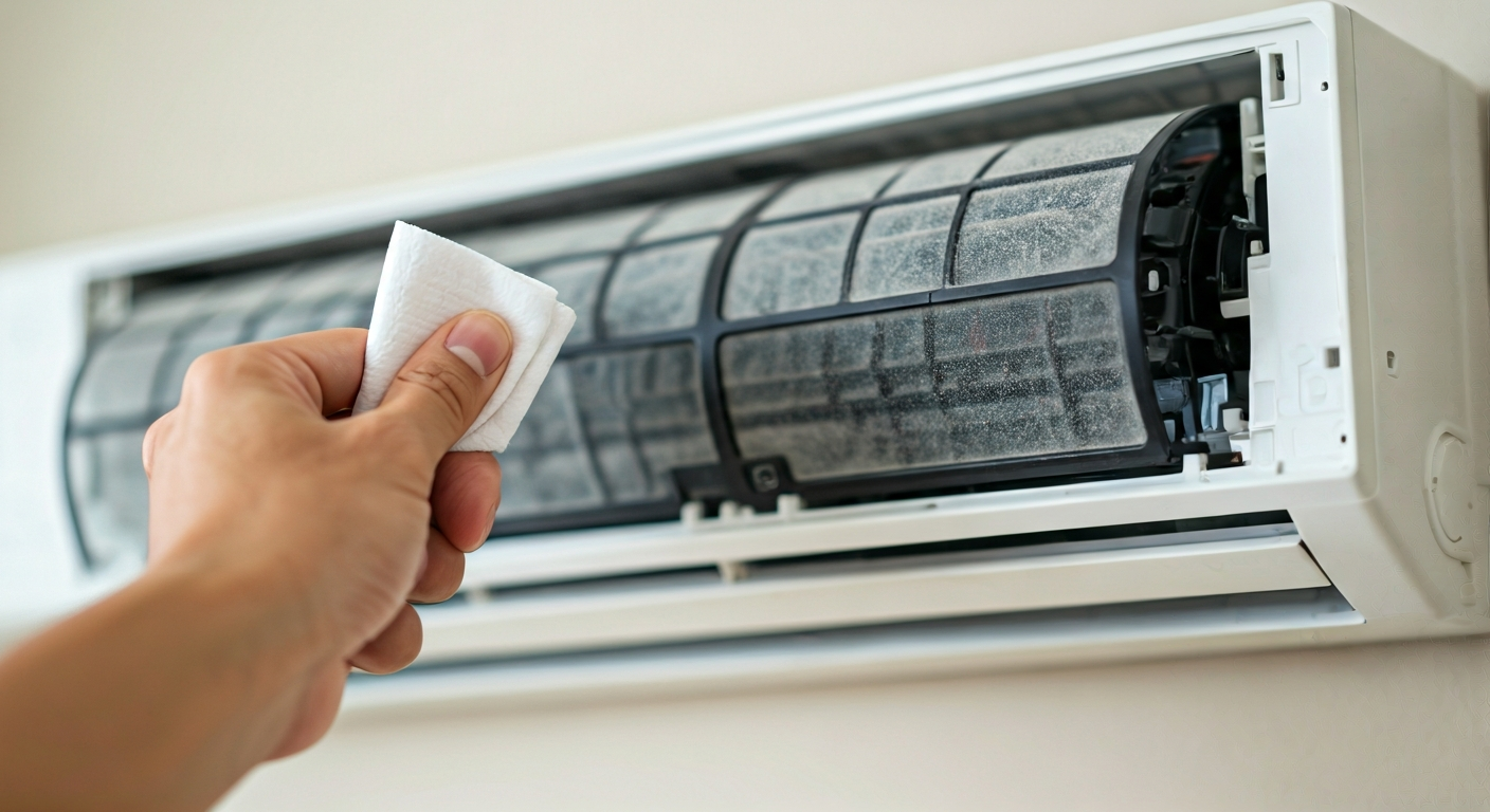 Close-up professional photo of a hand carefully cleaning the air filter of a split system air condit