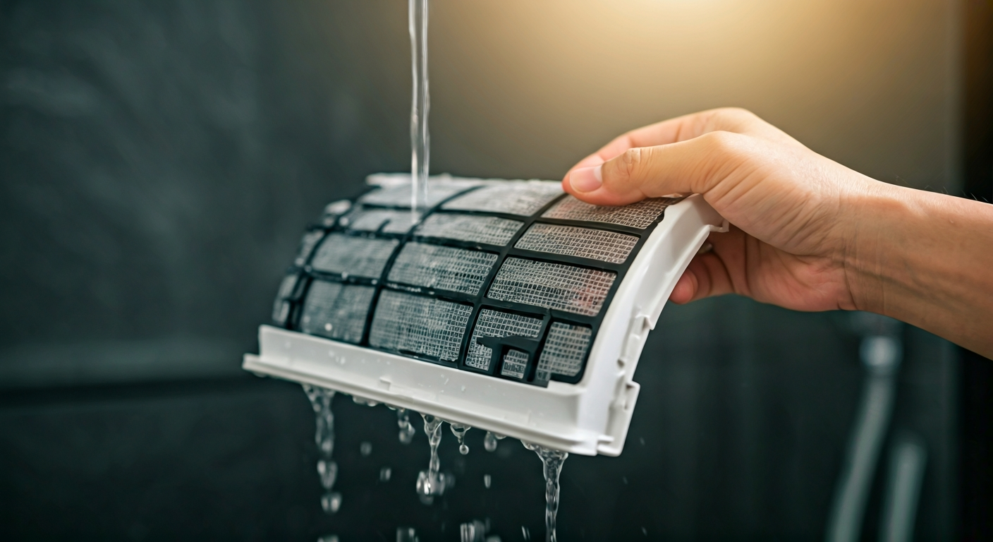 Close-up professional photo of a hand carefully removing and cleaning an air conditioner filter unde
