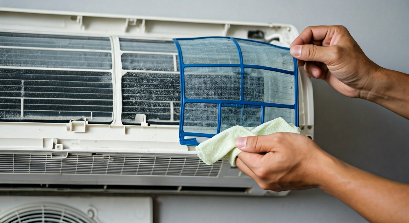 Close-up professional photo of a technician carefully cleaning the air filter of an air conditioning