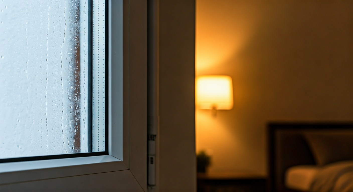 Close-up photo of a window slightly ajar in a modern, well-lit bedroom during winter, showing conden