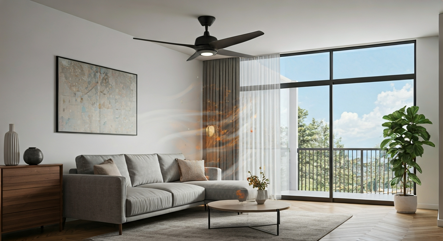 Professional photo of a person demonstrating how to use a ceiling fan in reverse mode in a living ro