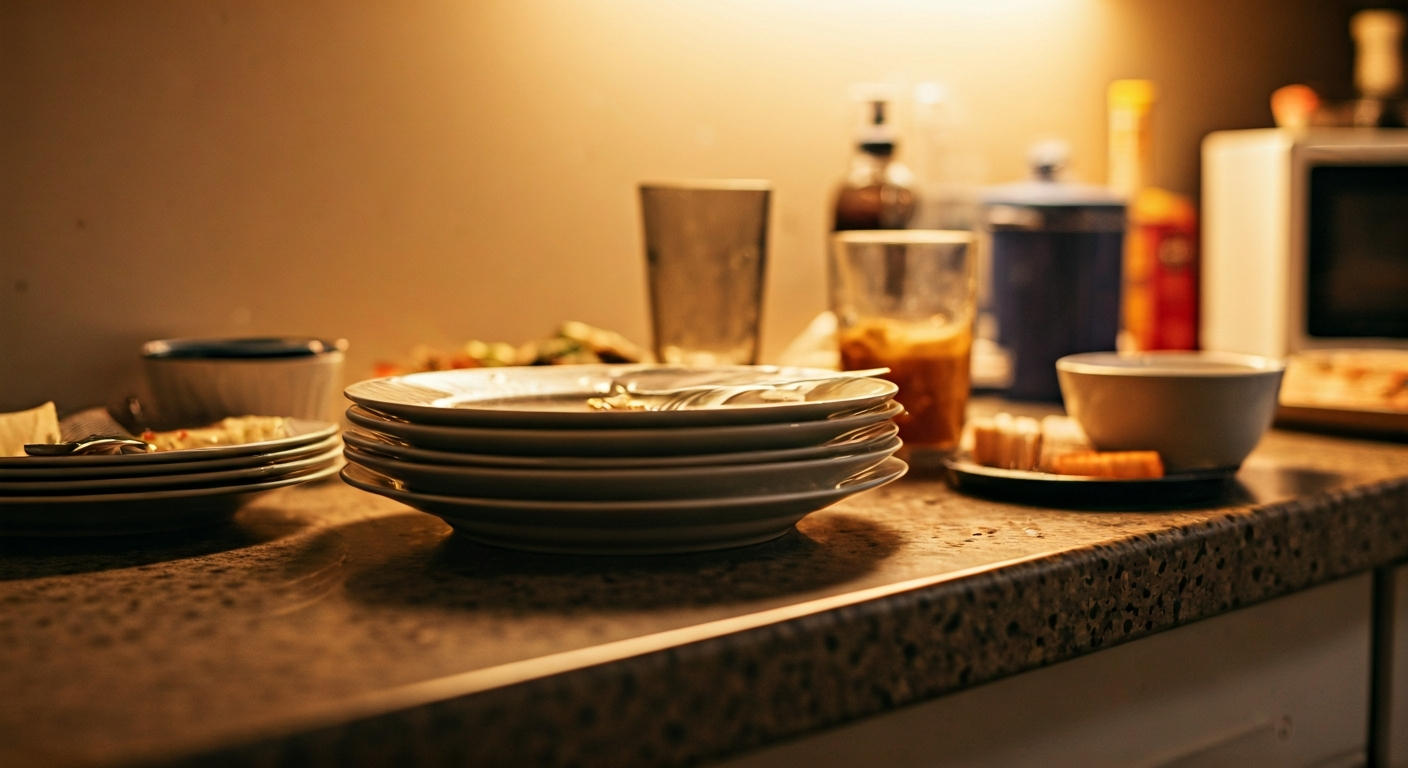 Close-up photo of a kitchen counter after a party, showing a few used dishes and some food remnants,