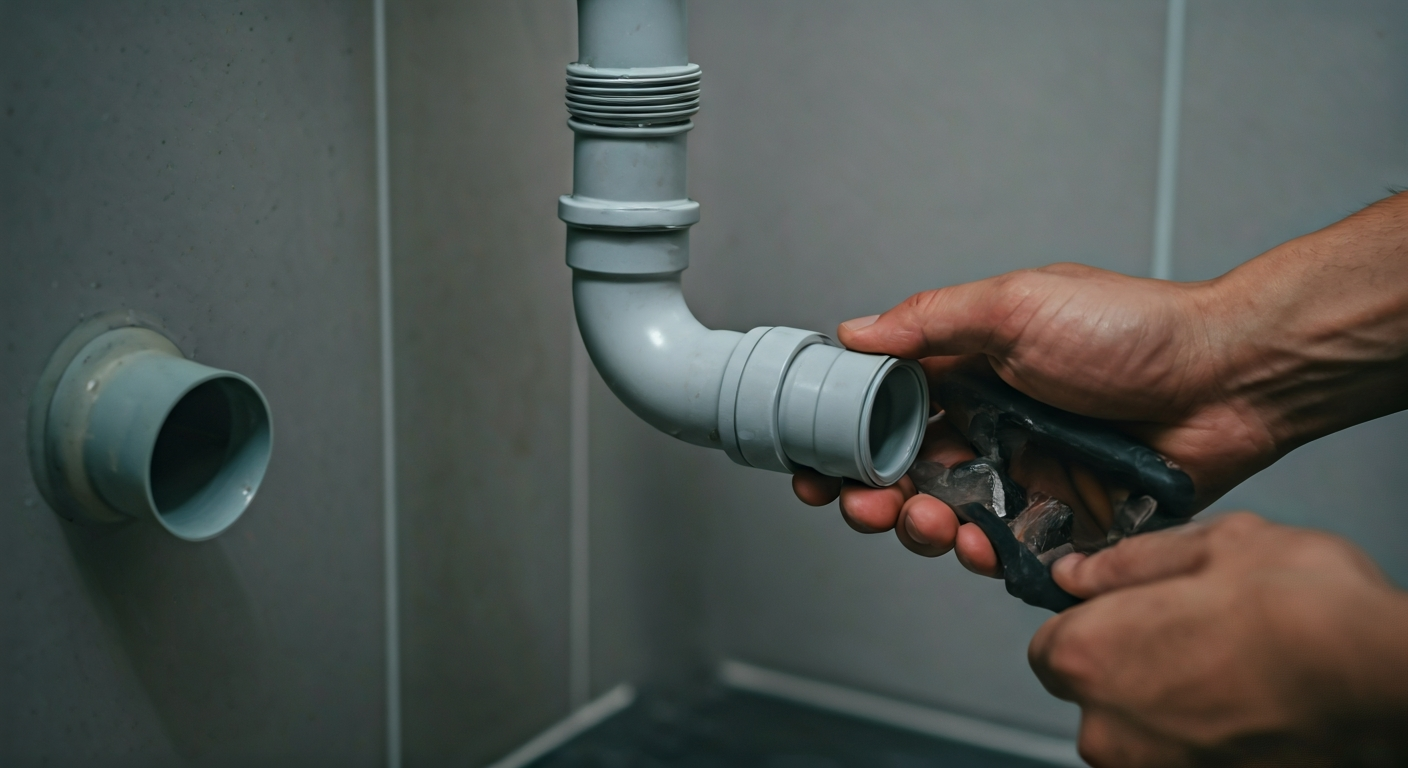 Close-up photo of a plumber's hands carefully inspecting a bathroom drain pipe with professional too