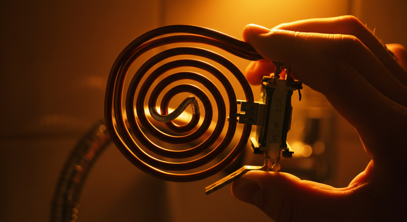 Close-up, professional photo of a hand carefully holding an electrical resistance coil, highlighting