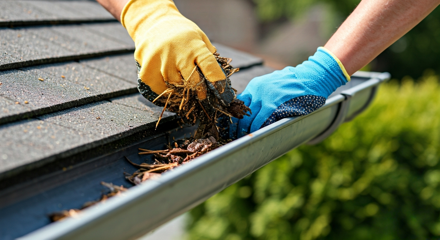 Close-up professional photograph of hands wearing protective gloves clearing debris from a clean, mo