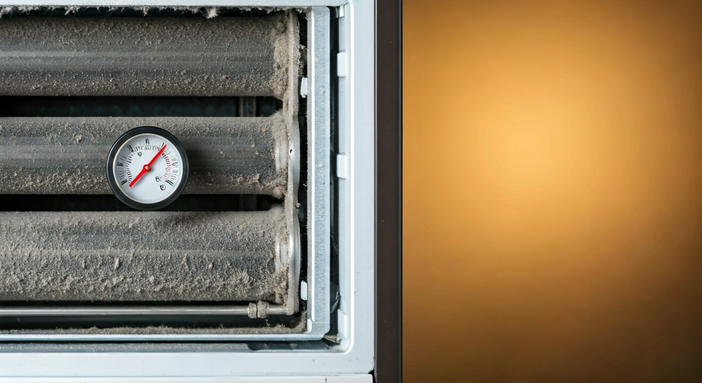 Close-up, professional photo of the back of a refrigerator with dust on the coils and a thermometer