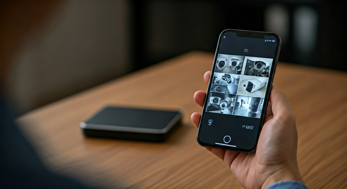 Professional photo of a person using a smartphone to view live feed from multiple security cameras o
