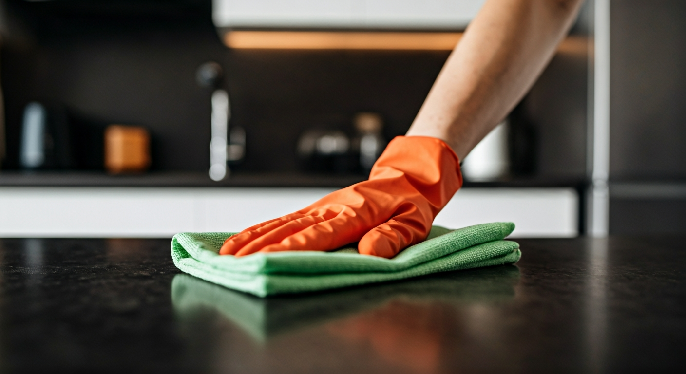 Close-up photo of a professional cleaning cloth wiping a kitchen countertop, removing a subtle stain
