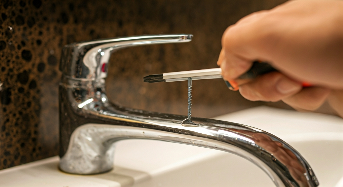 Professional photo of a hand holding a screwdriver, tightening a faucet handle. The background shows