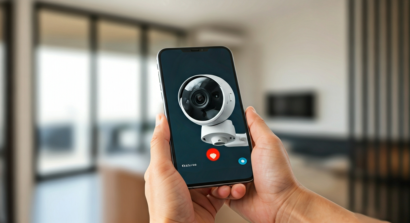 Close-up professional photo of a hand holding a smartphone displaying a live feed from a security ca
