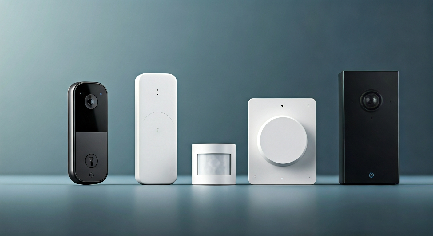Professional photo showcasing a variety of smart home security devices neatly arranged on a clean su
