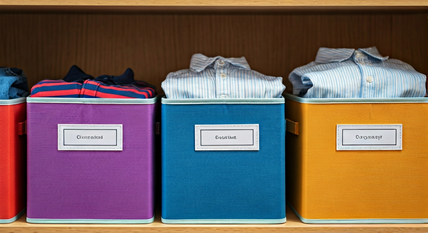 Professional photo of neatly folded children's clothes stacked in colorful storage boxes on a shelf,