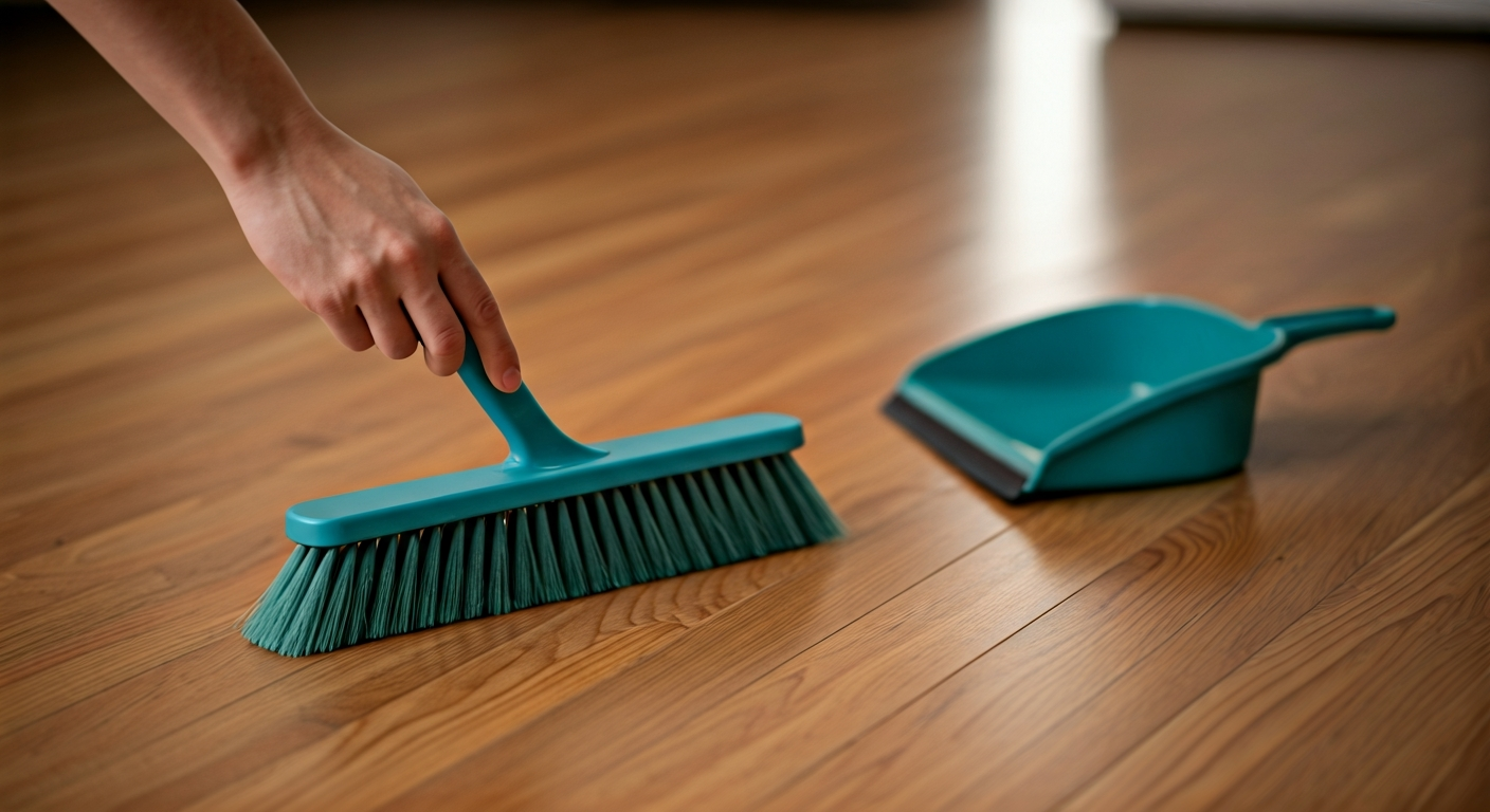 Close-up photo of a hand sweeping a clean wooden floor with a broom, dustpan nearby, natural light.