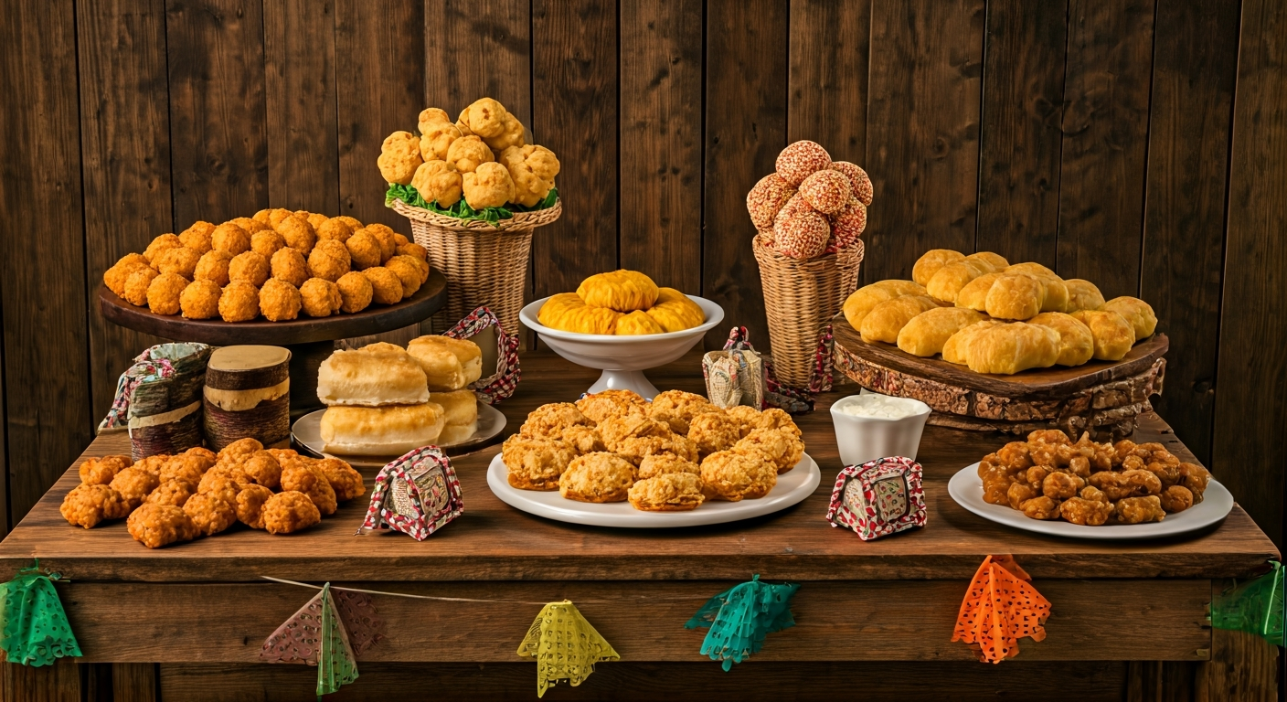 Professional photo of a rustic wooden table set with traditional Festa Junina foods like pamonha, cu