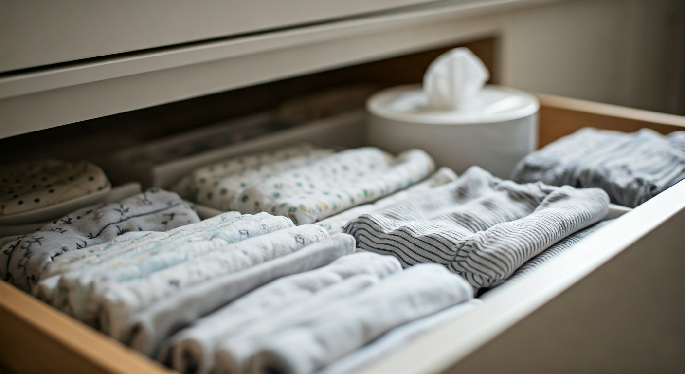 Close-up photo of a meticulously organized dresser drawer in a nursery, showing neatly folded baby c