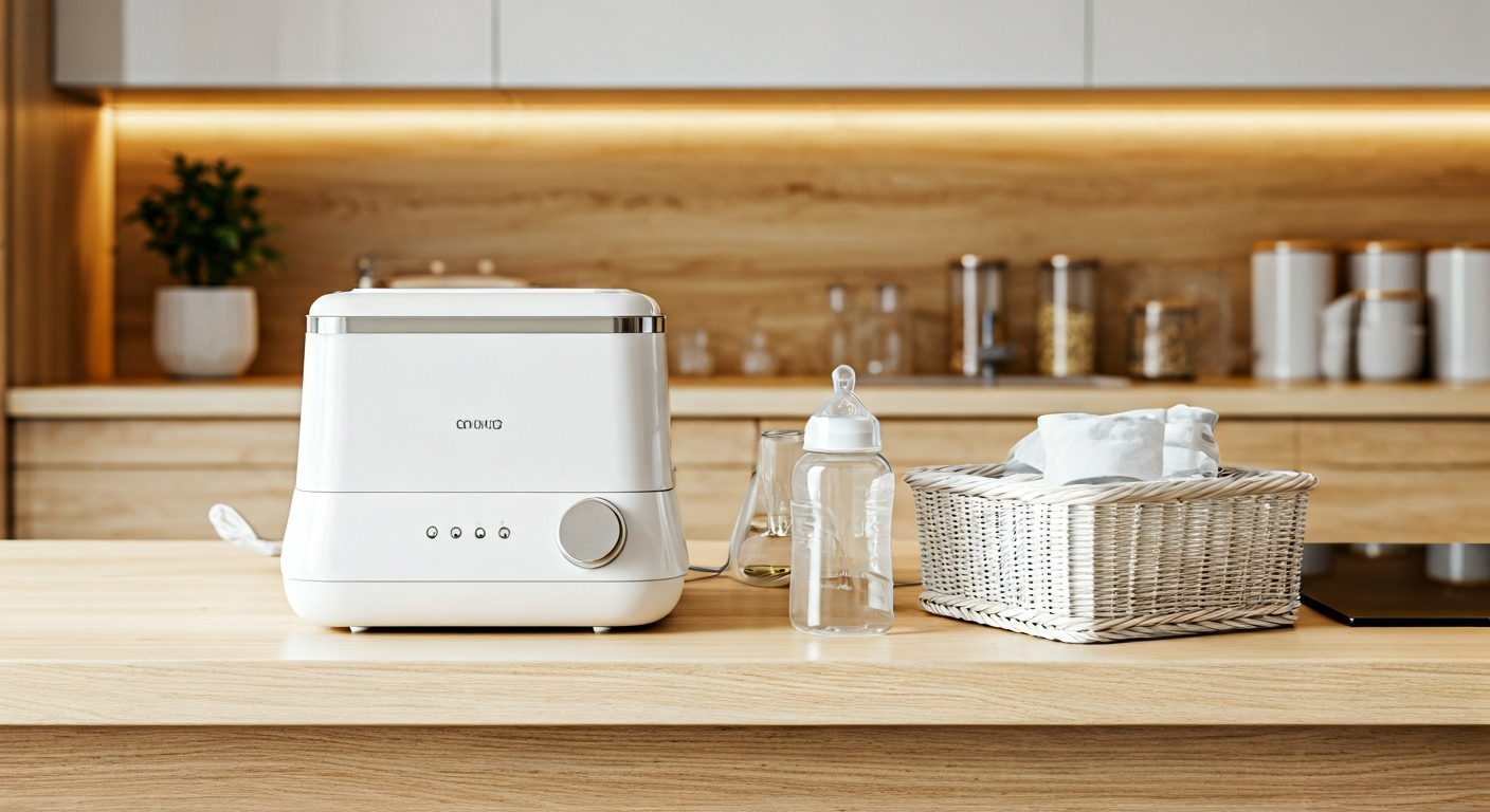 Professional photo of a modern and clean kitchen counter, with a few essential baby items (like a st