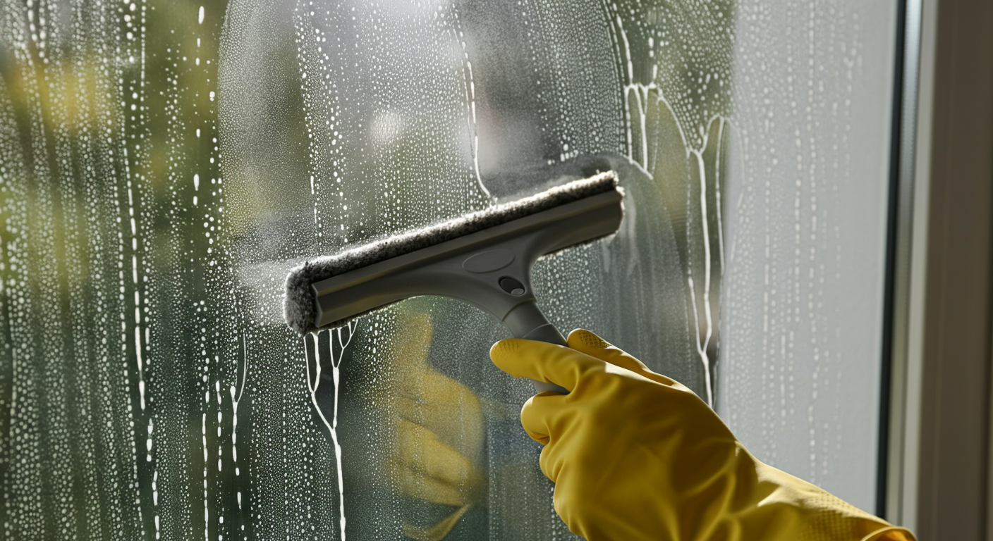Close-up photo of a professional cleaner meticulously cleaning a windowpane with a squeegee, showing