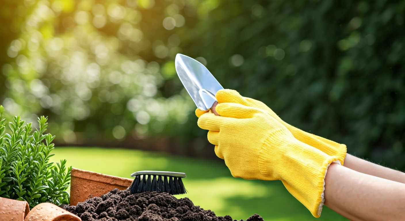 Close-up professional photo of hands cleaning garden tools in a sunny backyard, with lush green plan