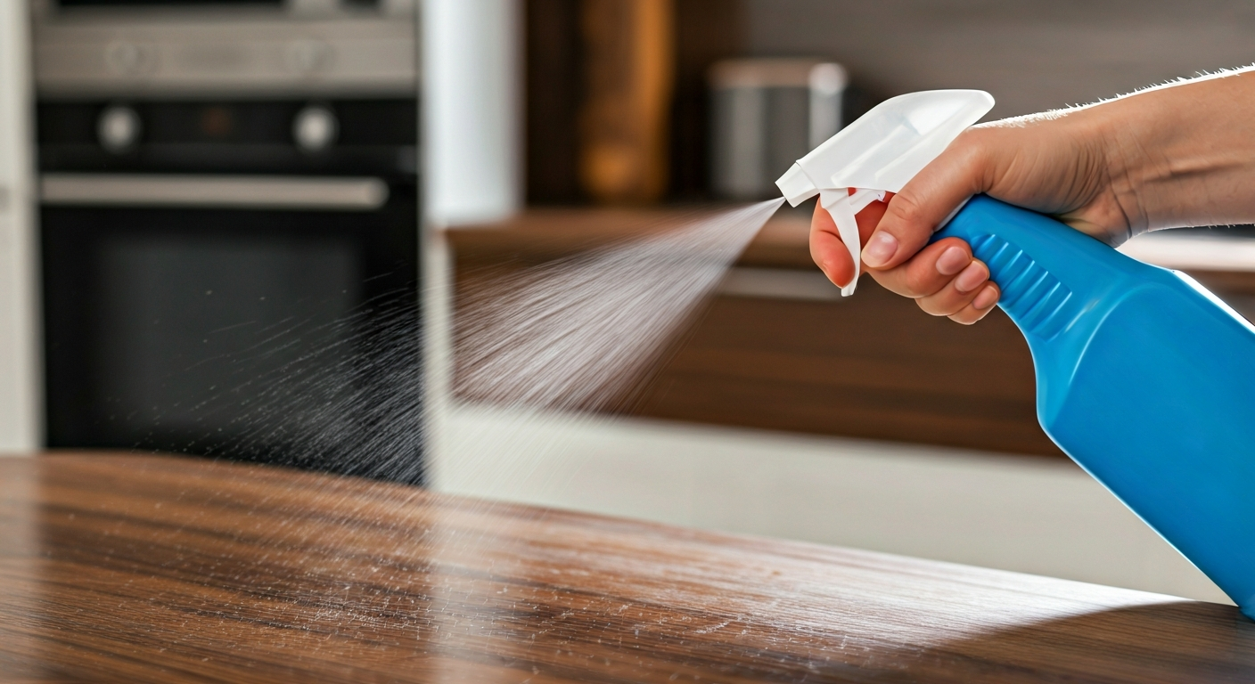 Close-up photo of a hand using a professional cleaning spray on a sparkling clean kitchen countertop