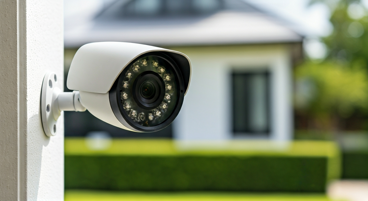 Close-up professional photo of a high-definition security camera mounted on the exterior wall of a h