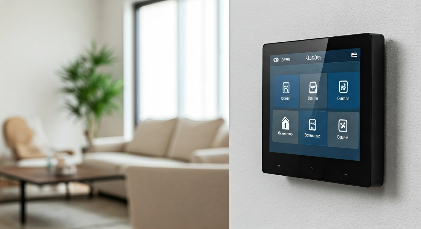 Professional photo of a home security control panel mounted on a wall inside a modern living room. T
