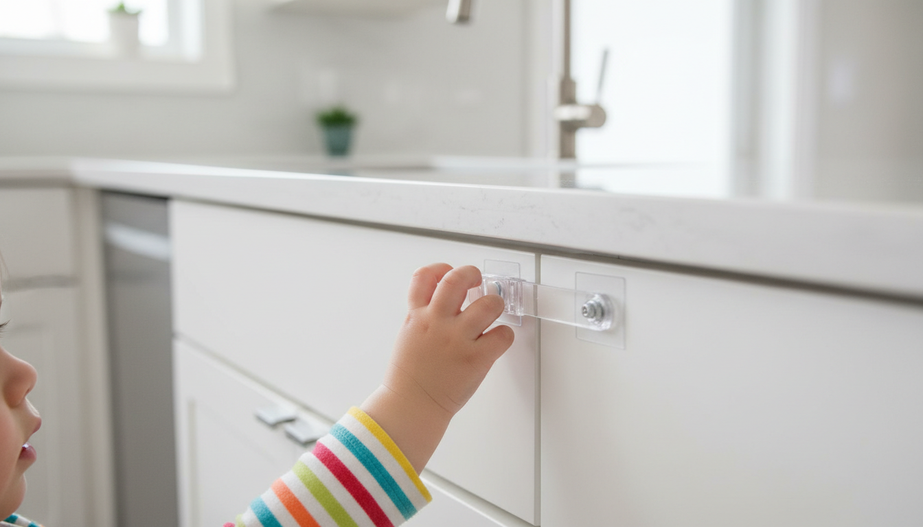 Close-up professional photo of a kitchen cabinet with a child safety lock installed, showing a child