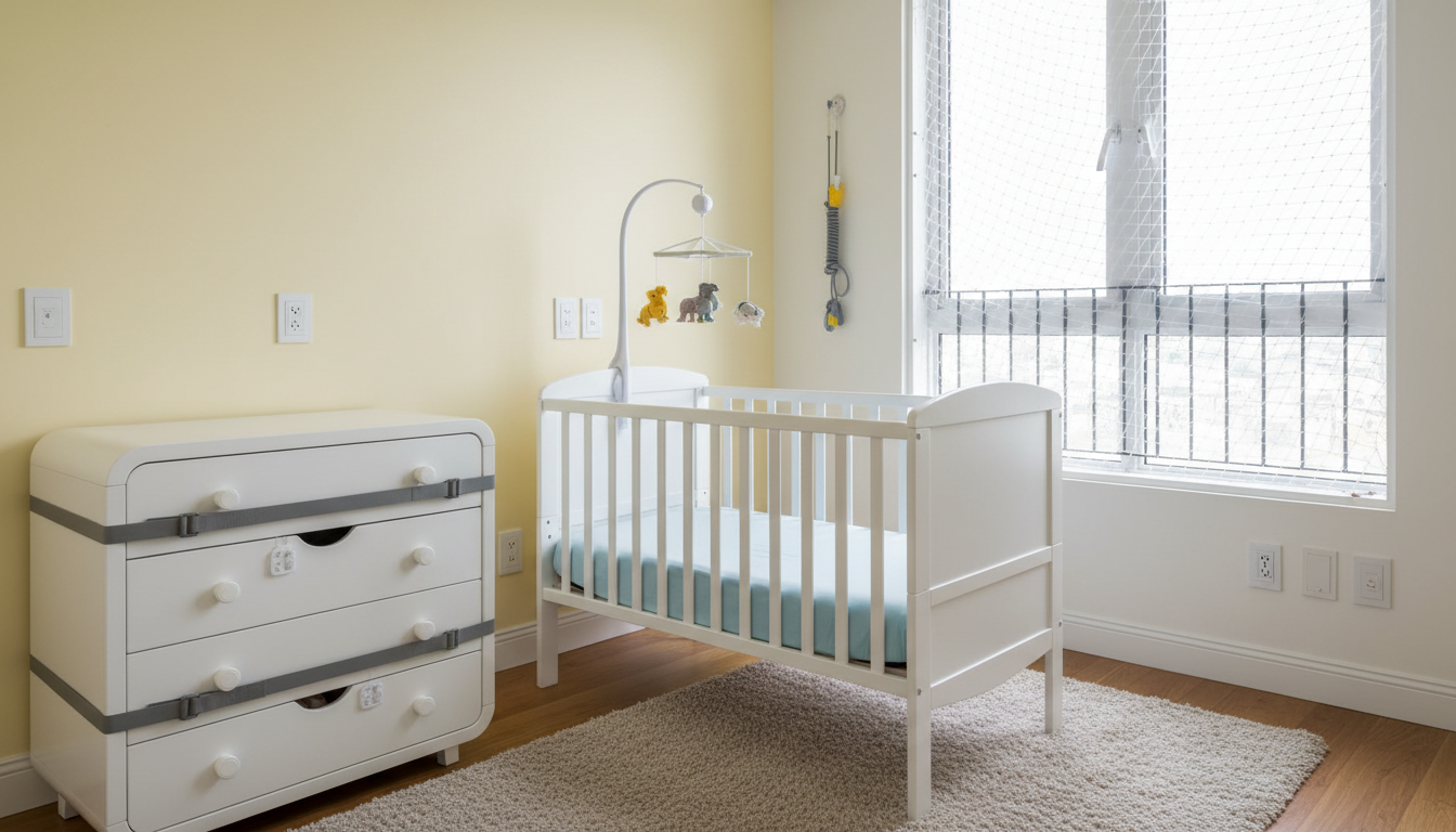Professional photo of a child-proofed bedroom: a crib with safe bedding, a dresser anchored to the w