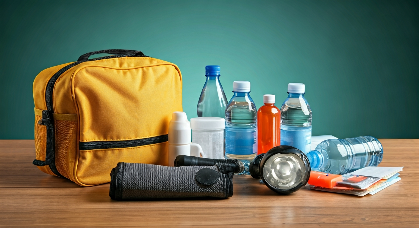 Close-up photo of a well-organized emergency kit with essential items like a first-aid kit, flashlig
