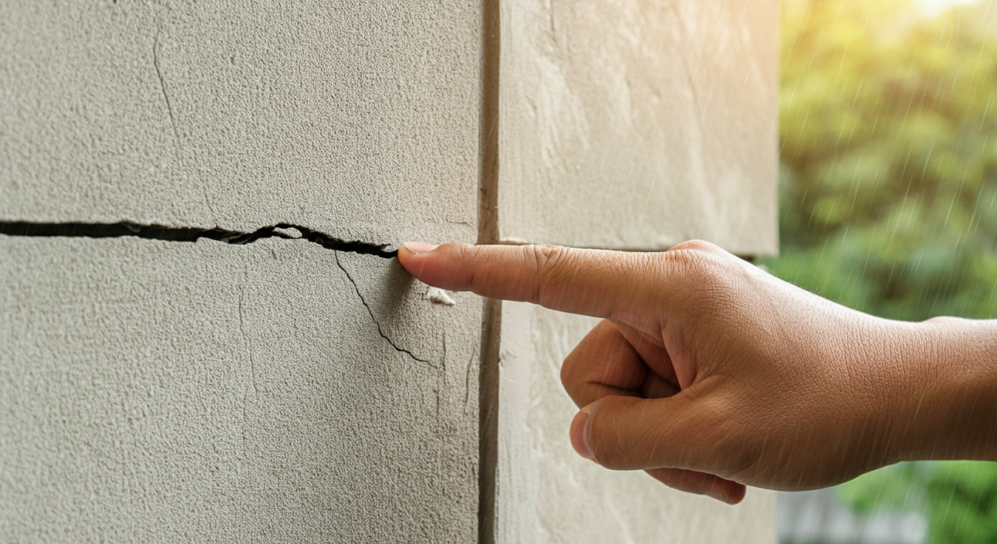 Close-up photo of a hand checking for cracks in a house exterior wall, with a subtle hint of rain in
