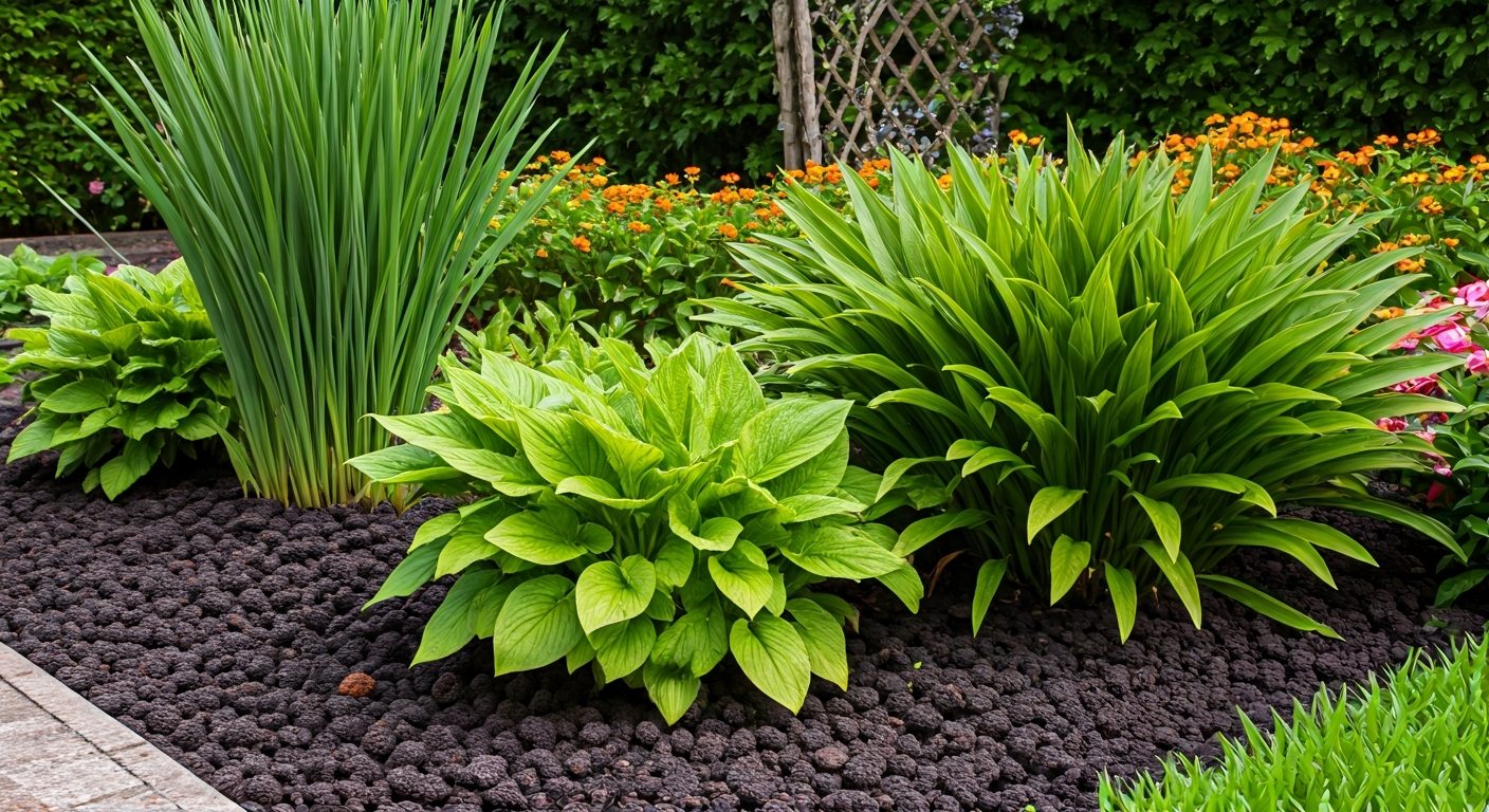 Professional photo of a vibrant garden with lush green plants and flowers, showing well-drained soil