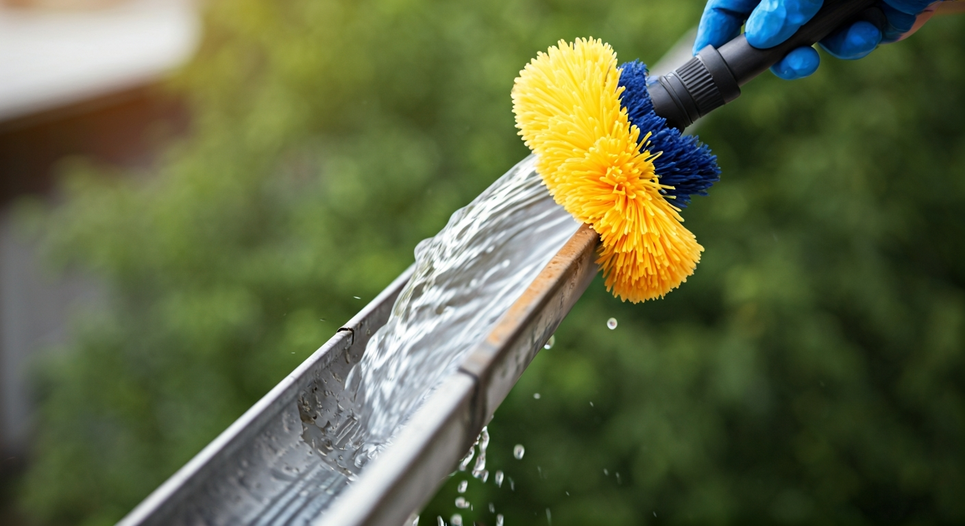 Close-up photo of a professional cleaning a gutter, with clean water flowing out, demonstrating effe