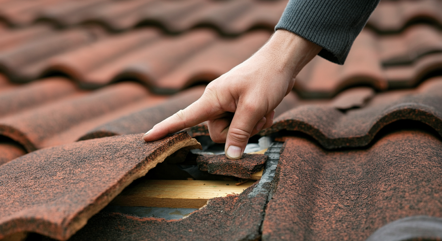 Close-up photo of a hand checking a roof tile for damage, with a blurred background of a house roof.