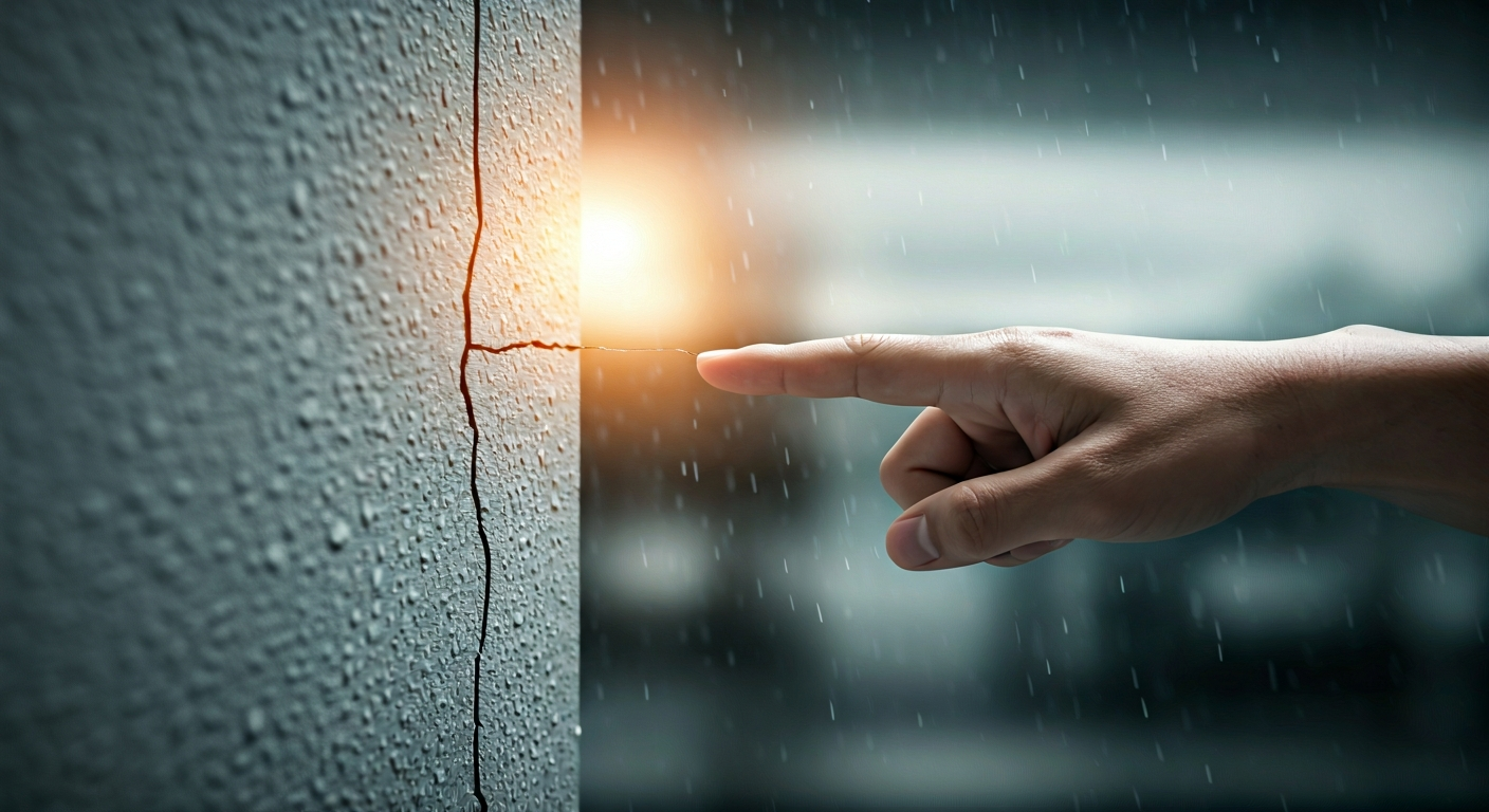 Close-up professional photo of a hand pointing to a small crack on an exterior wall where water migh