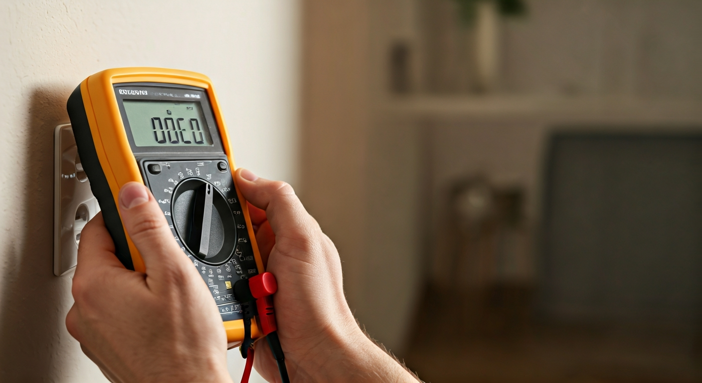 Close-up professional photograph of a hand holding a multimeter, testing an electrical outlet in a r