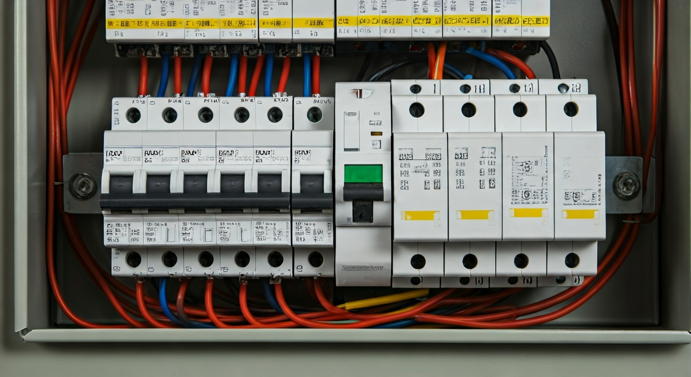 Professional photograph of an organized and clean residential electrical panel (circuit breaker box)