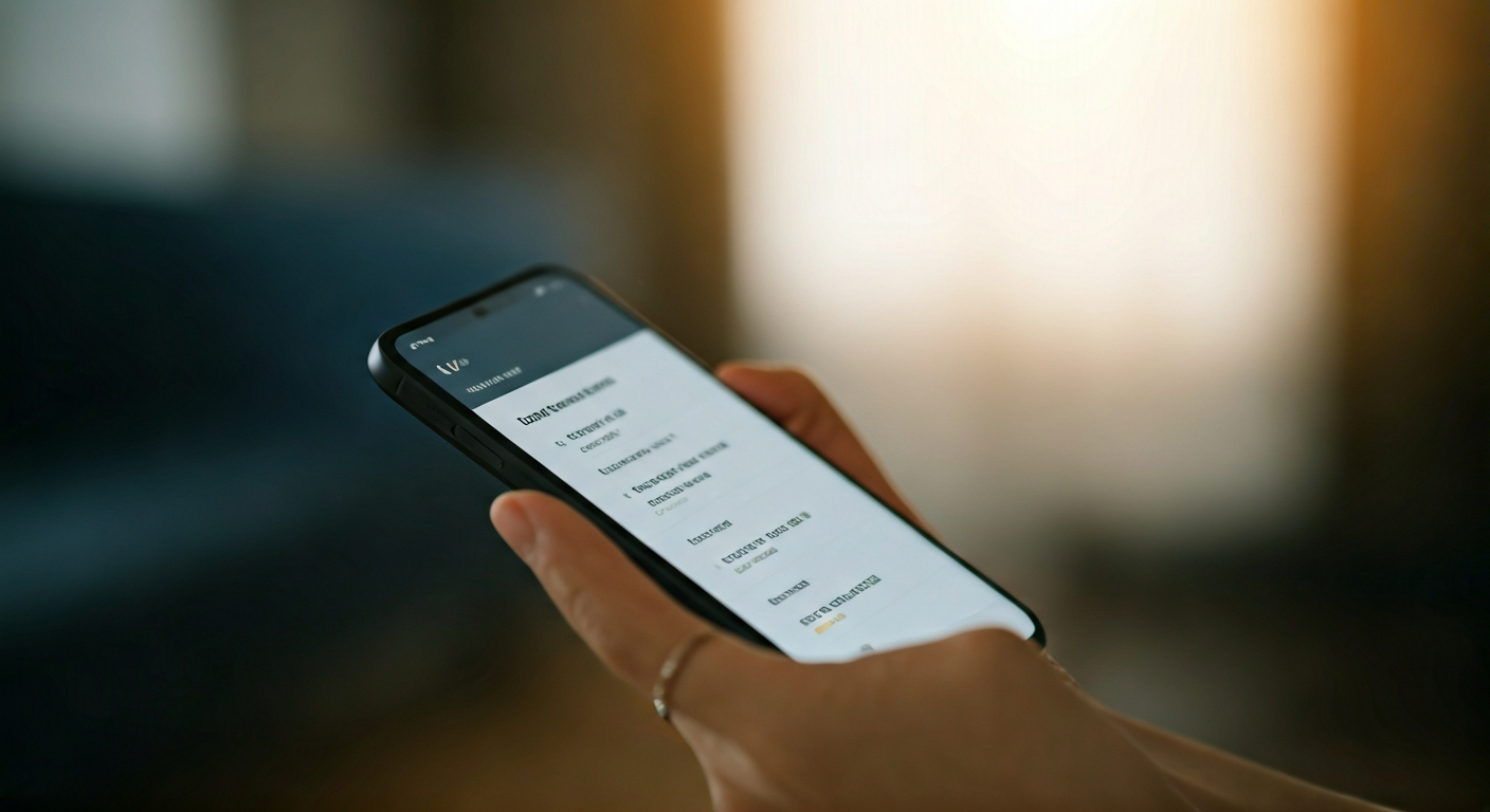 Close-up photo of a hand holding a smartphone, browsing a service marketplace app on a bright, clear