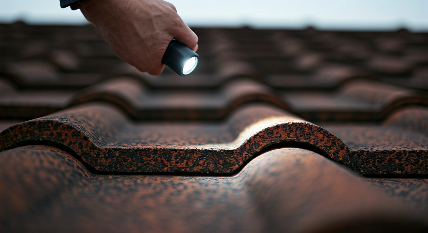 Close-up professional photo of a hand holding a flashlight, inspecting a roof tile for damage. The l