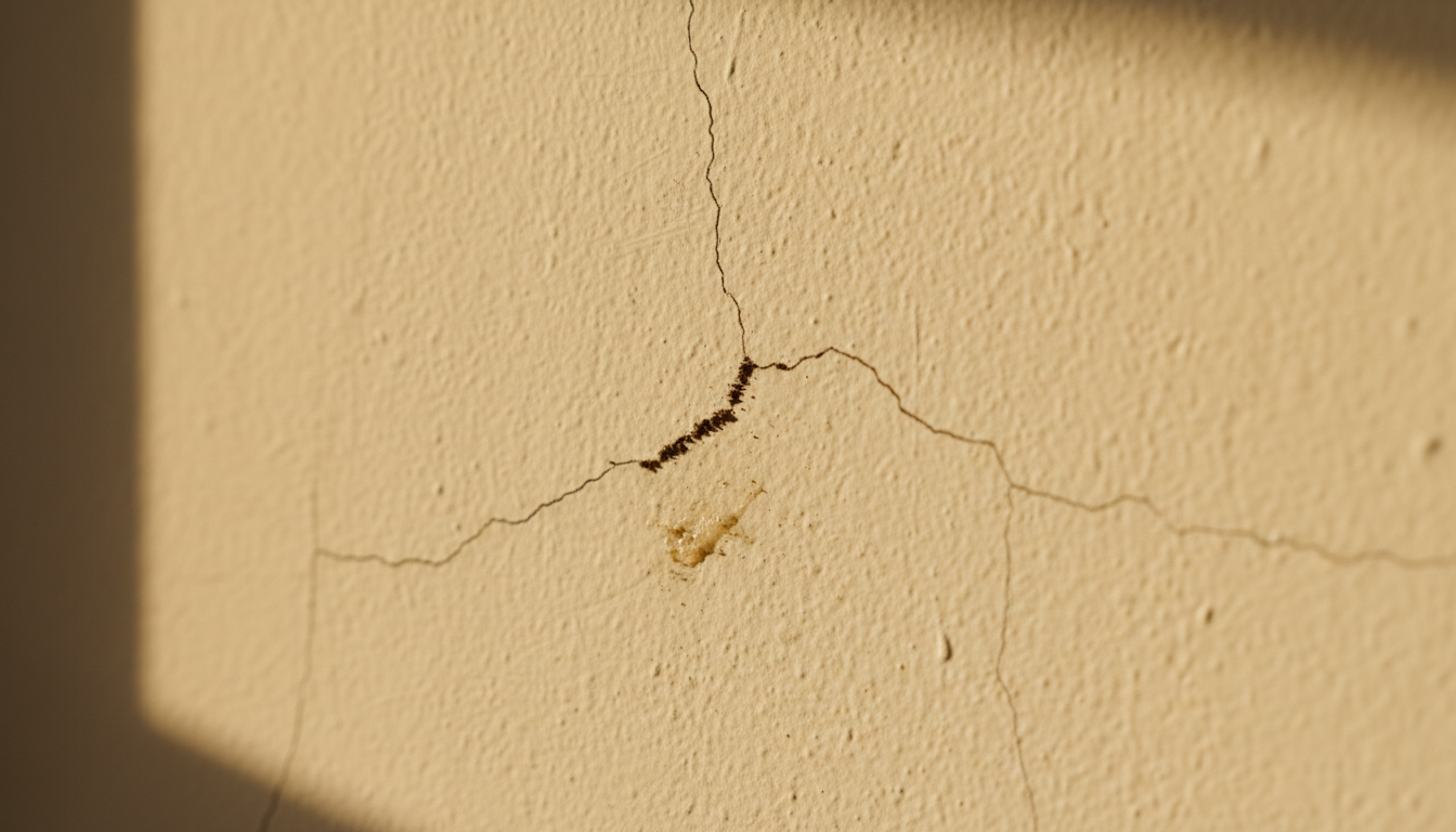 Close-up professional photo of a homeowner inspecting small cracks in a wall, with subtle signs of p