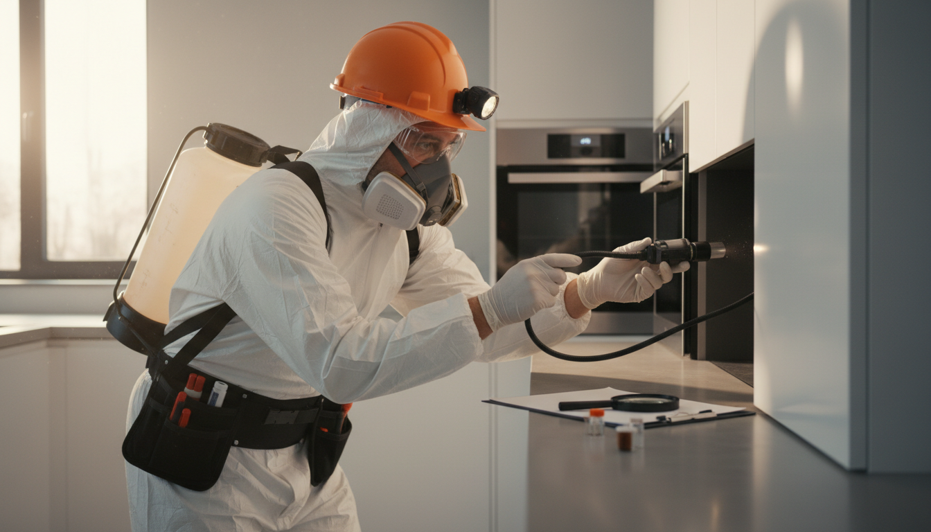 Professional photo of a certified pest control technician wearing protective gear, carefully inspect