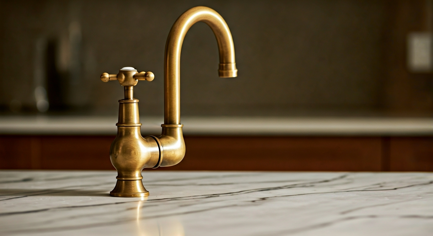 Close-up photo of a kitchen countertop made of marble with distinct veins, showcasing a brass faucet