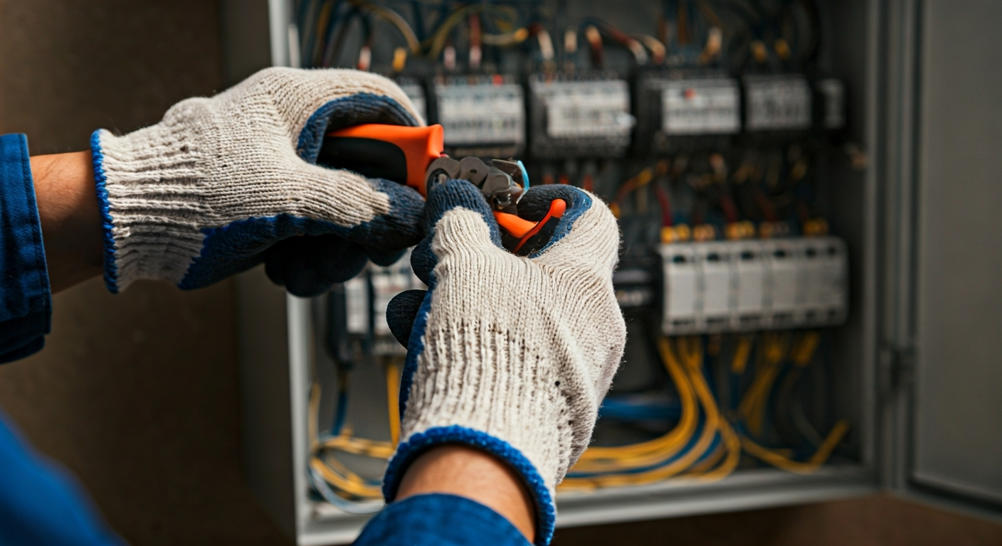 Close-up professional photo of an electrician's hands carefully connecting wires inside a residentia