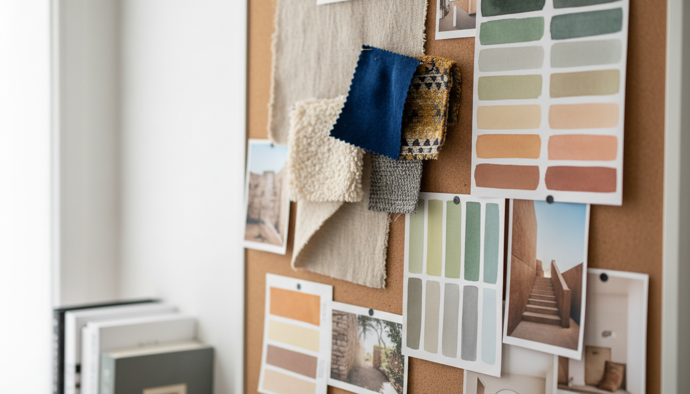 Close-up photo of a mood board featuring various fabric swatches, color palettes, and small inspirat
