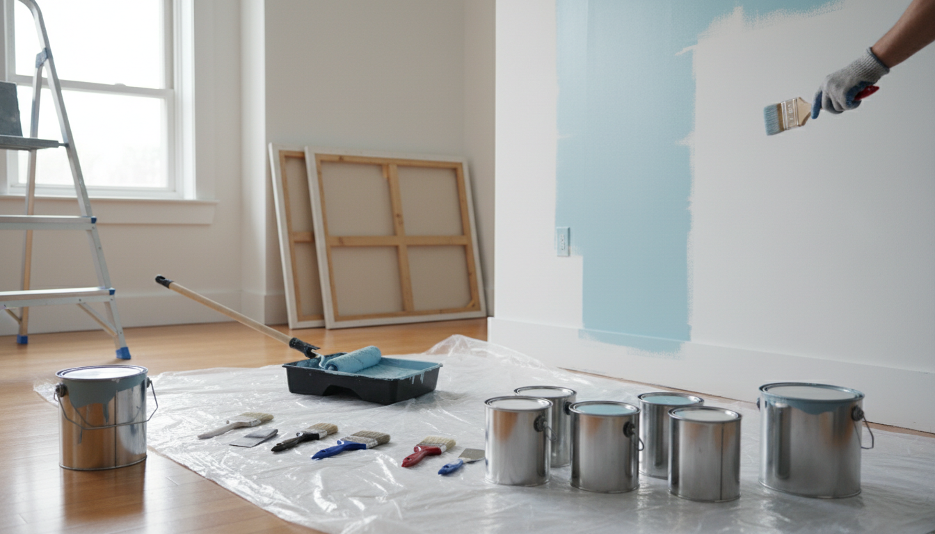 Professional photo of a skilled painter carefully applying paint to a wall in a bright, clean room.