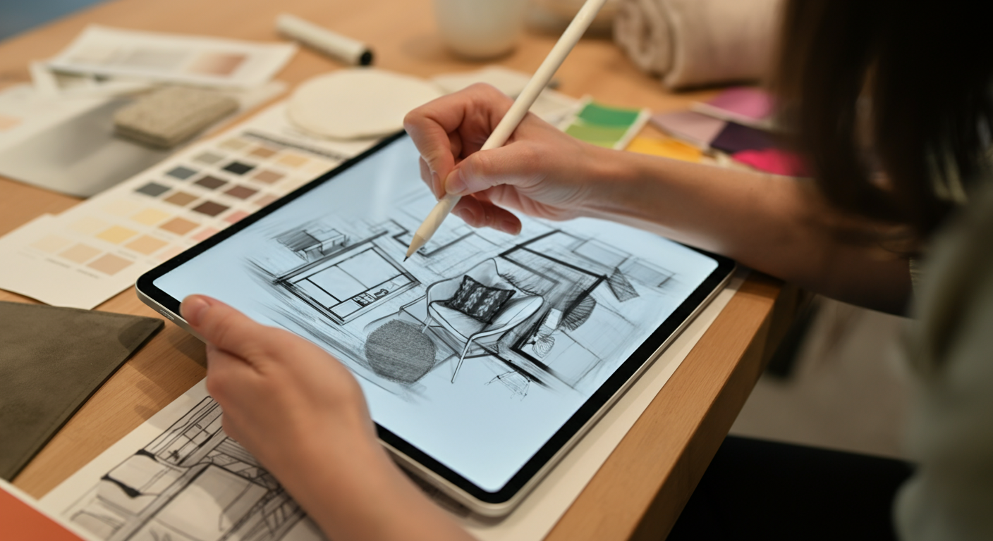 Close-up photo of a designer's hands sketching a room layout on a tablet, with mood board elements a