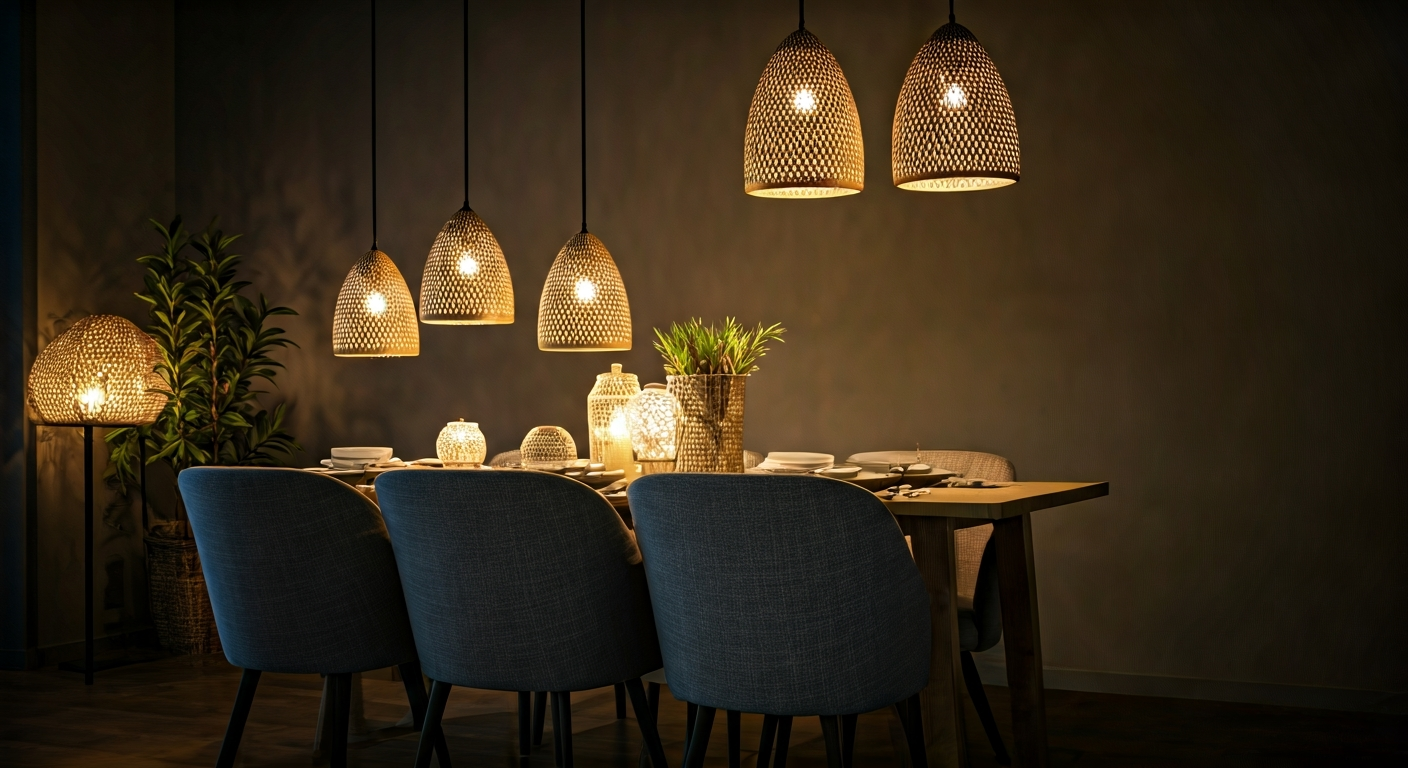 Professional photo of a well-lit dining area, showcasing a stylish table setting with chairs and dec